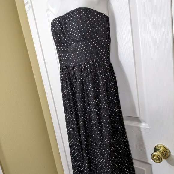 J. Crew 100% Silk Black w/Tan Polka Dots Strapless Midi Dress - size 2 - Picture 4 of 10